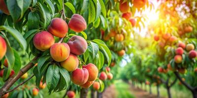Ripe red peaches hanging from branches in an orchard at sunset photo
