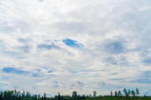 White clouds in the blue sky. Summer cloudy weather. Light natural background. photo