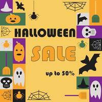 Halloween sale abstract square banner in geometric style. Scary and spooky elements in simple geometric shapes, flat style. Good for advertisement and trading vector