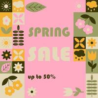 Spring sale abstract square banner in geometric style. Related floral elements to spring in simple geometric shapes, flat style. Good for advertisement and trading vector
