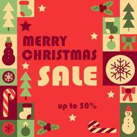 Merry Christmas sale abstract square banner in geometric style. Festive and celebrating elements in simple geometric shapes, flat style. Good for advertisement and trading vector
