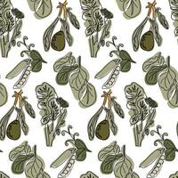 Retro contour seamless pattern with drawing of organic green vegetables. Botanical drawings. Vegan food concept isolated on white background in boho style vector