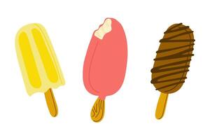 Cold Ice creams on sticks in flat style. Summer vacation illustration with fruit, chocolate and glazed ice cream isolated on white background. vector