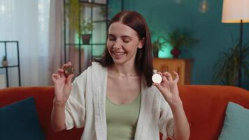 Woman stock trader earning bitcoins after online monitoring trading operations mining hold BTC coins video