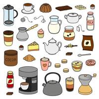 Set of hand drawn coffee, tea and cocoa items. vector