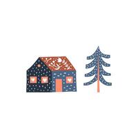 Poster with Scandinavian house and pine. vector