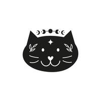 Black boho cat character with moon, leafy branches, stars. vector
