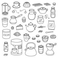 Set of hand drawn coffee, tea and cocoa items. vector