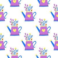 Seamless pattern with wild flowers in watering can. vector