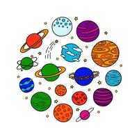 Different fantastic space planets in circle. vector