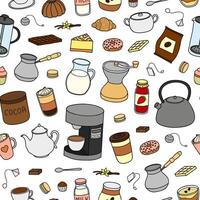 Seamless pattern with coffee, tea, cocoa items. vector