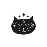 Witchy black cat character with moon, leafy branches, stars. vector