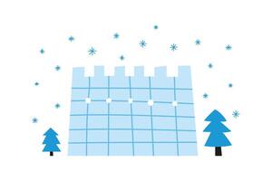 Doodle snowy fortress, snowflakes and fir trees. vector