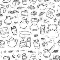 Seamless pattern with coffee, tea, cocoa items. vector