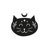 Black boho cat character with moon, leafy branches, stars. vector