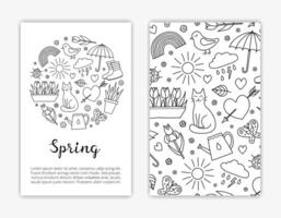 Card templates with hand drawn spring items. vector