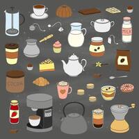 Set of hand drawn coffee, tea and cocoa items. vector