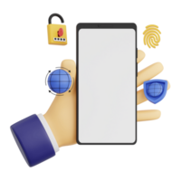 3d render hand gesture holding smartphone with white space screen for mockup with Cyber Security concept. Transparent background illustration png