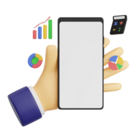 3d render hand gesture holding smartphone with white space screen for mockup with Analytic concept. Transparent background illustration png