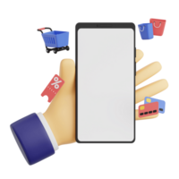 3d render hand gesture holding smartphone with white space screen for mockup with Shopping concept. Transparent background illustration png