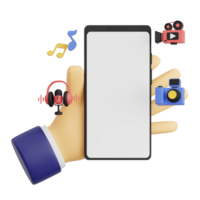 3d render hand gesture holding smartphone with white space screen for mockup with Entertainment concept. Transparent background illustration png