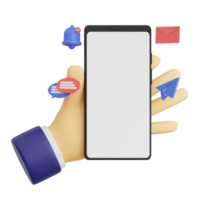 3d render hand gesture holding smartphone with white space screen for mockup with Message concept. Transparent background illustration png