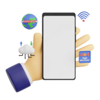 3d render hand gesture holding smartphone with white space screen for mockup with Network Browser concept. Transparent background illustration png