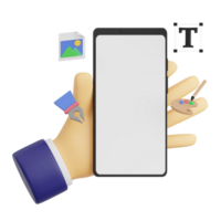 3d render hand gesture holding smartphone with white space screen for mockup with Graphic Design concept. Transparent background illustration png