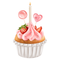 Cupcake with whipped cream, strawberries and lollipops. Berry muffin with filling and candles. Festive pastries for the party, delicious dessert in the pastry shop. Digital isolated illustration png
