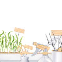A border of tools a rake, a shovel, a sprayer, seeds, boxes of greens. Equipment for gardens, greenhouses and florists. Agriculture, cultivation of plants and flowers. Digital isolated illustration png