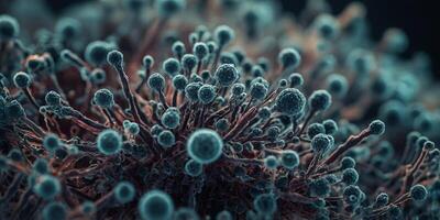 Microscopic view of organic structure, bacteria and viruses abstract background, micro life close-up Concept of science, macro, microscope, research, biology, cell. photo