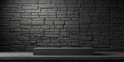 Empty gray stone wall background,empty black concrete wall Podium ,product display presentation and social media banner design template,gray concrete table shelf on blurred background, mockup. photo