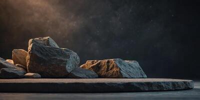 Minimalist podium display for product showcase or presentation with rock and light. photo