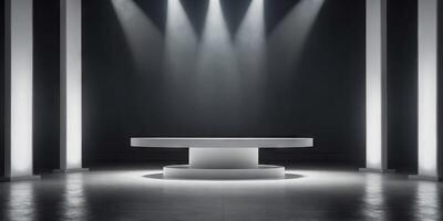 White colored podium, dias, or pillar in the center of an empty room under a spotlight, for product display or exhibition. photo