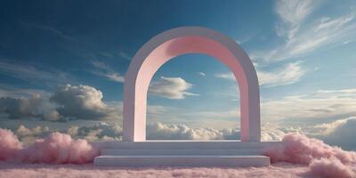 White podium with a modern arch and fluffy clouds floating by on a pink and blue background. photo