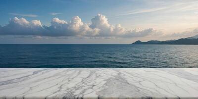White marble table with sky and sea background for product display. photo