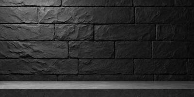 Empty gray stone wall background,empty black concrete wall Podium ,product display presentation and social media banner design template,gray concrete table shelf on blurred background, mockup. photo