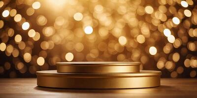 Gold podium on golden background with bokeh lights Abstract luxury scene for product presentation, mockup. photo