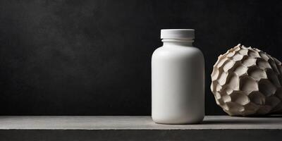 White product bottle on a shelf, organic sculpting style, dark shadows, minimal retouching, illustration background. photo
