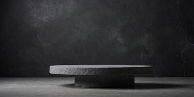 Empty gray stone podium on dark wall background,,product display presentation and social media banner design template,gray concrete table shelf on blurred background, mockup gray stone table. photo