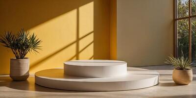 White round podium on a yellow wall backdrop with sunlight for showcasing and displaying product. photo