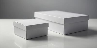 Three empty white boxes on a white surface Suitable for product display. photo