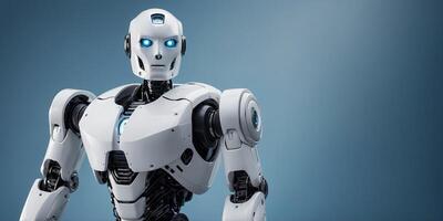 White modern robot standing and presenting on blue background with copy space. photo