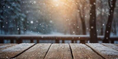 Top desktop wooden Empty table and winter snow background with beautiful bokeh. photo