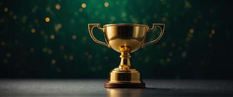 The image shows a gold trophy with a shiny surface The trophy is sitting on a dark surface with a green background There are also some shiny particles floating in the background. photo