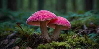 Vibrant pink fungi spores on a wild mushroom in the forest photo