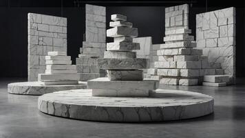 White pieces of stone slabs forming a product podium for product display Mock-up for exhibitions or presentation of cosmetic products or packaging. . photo