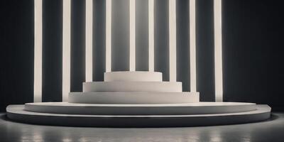 White colored podium, dias, or pillar in the center of an empty room under a spotlight, for product display or exhibition. photo