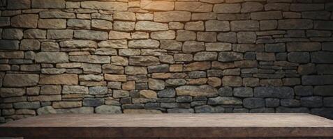 Utilize ancient stone wall and empty table for product display montage. photo
