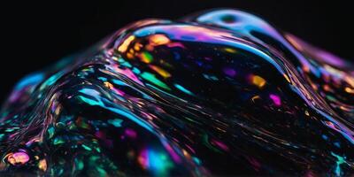 The iridescent, wavy melted substance of a holographic liquid blob is presented on a black background with a bold holographic blob form. photo